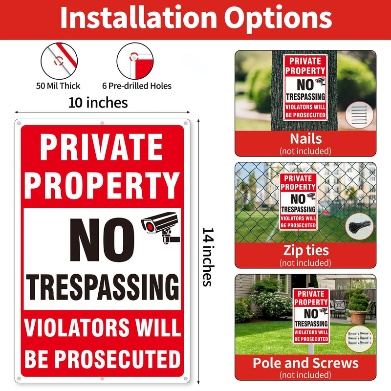 4 Pack Large Private Property No Trespassing Signs, Aluminum No Trespassing Video Surveillance Sign, No Trespassing Signs–Weatherproof and Highly Visible for Property Protection (10x14 inches) 10 x 14 inches Red No Trespassing Signs
