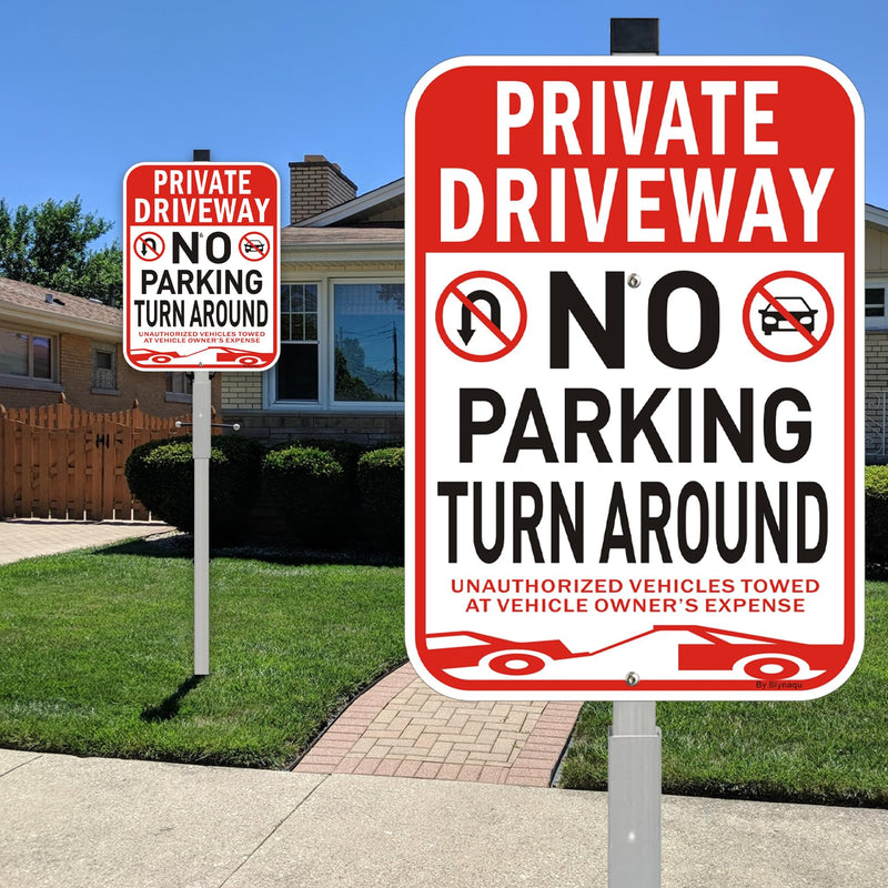 2Pack Private Driveway No Turn Around Sign, 14” x10” No Parking Signs with 36” Alloy Stake, Fade Resistant Reflective Aluminum,Waterproof, Easy to Mount 2Pack with Alloy Stake