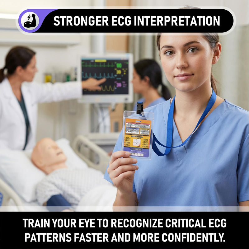 EKG Rhythm Interpretation Badge Card - Rhythm Strips & Shockable Guide | Dual Sided Interval Values & R to R Rate Scale for Nursing Telemetry Students | Included Lanyard Badge Holder | 3.54” x 5.12”