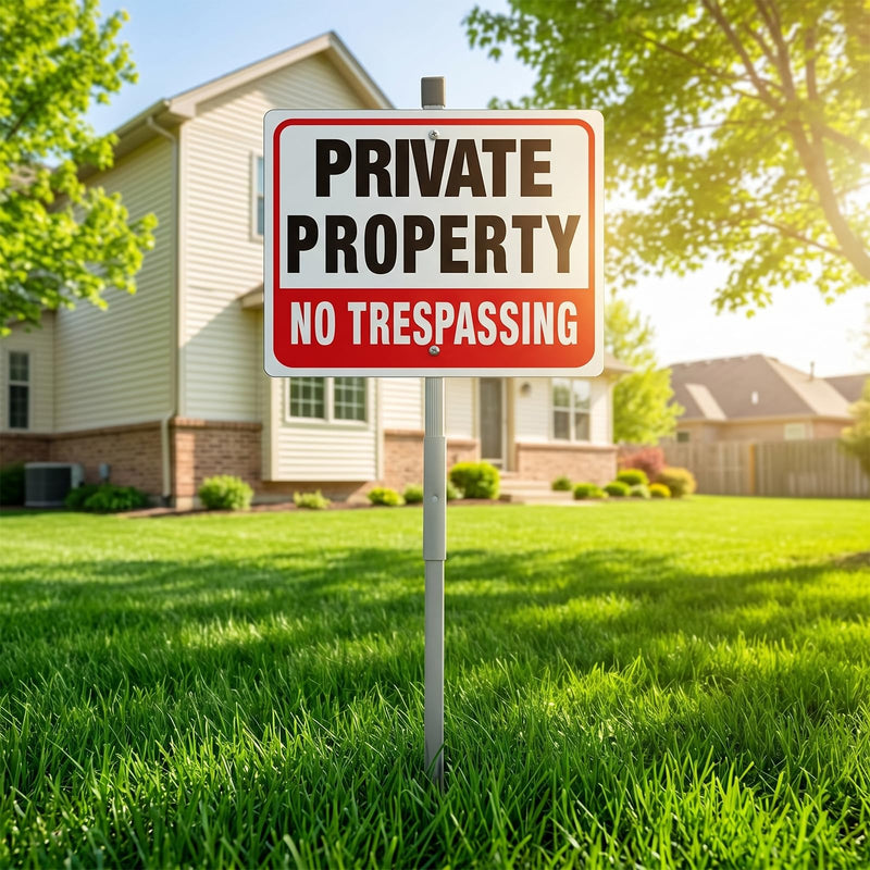 MUXYH 2 Pack Private Property No Trespassing Signs with Metal Stakes, 11'' X 8.6'' Sturdy Rust Free Aluminum, No Trespassing Sign Protect Your Home, Safety and Privacy, Fade Resistant, Weatherproof 2 Pack - 11'' X 8.6''