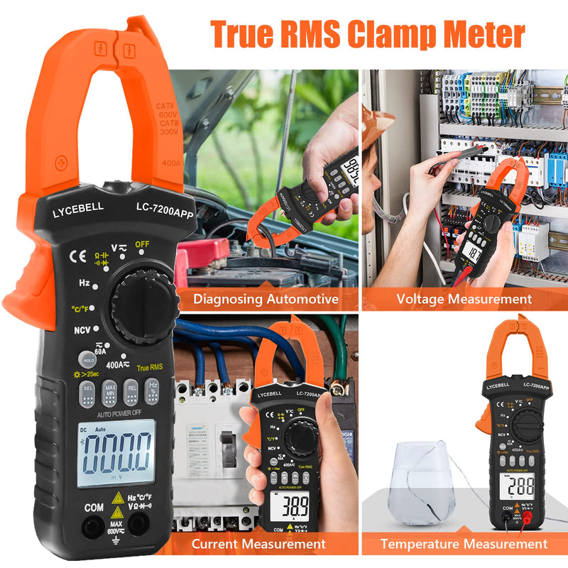 [Australia - AusPower] - 6000 Counts Clamp Meter & Bluetooth, Digital AC DC Voltage Current Amp Ohm Meter TRMS NCV Detector, Clamp Multimeter for Resistance Diode Continuity Temperature Car Electrical Tester 7200-APP 