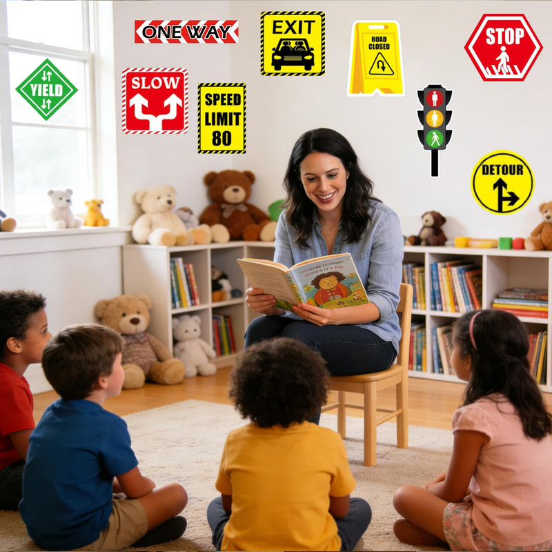 18 Pack Road Signs Wall Decal Traffic Street Sign Sticker - Stop Street Transportation Construction Car Wall Decals Road Sign Stickers for Back to School Decor Kid Bedroom Classroom Bulletin Board