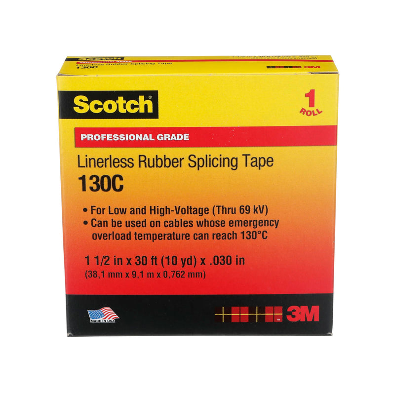 3M Scotch Linerless Electrical Splicing Tape 130C for Wires and Cables, 1-1/2 in x 30 ft, Rubber Backing, Self Fusing, UV Resistance, Highly Conformable, Moisture Seal, Black, 1 Roll