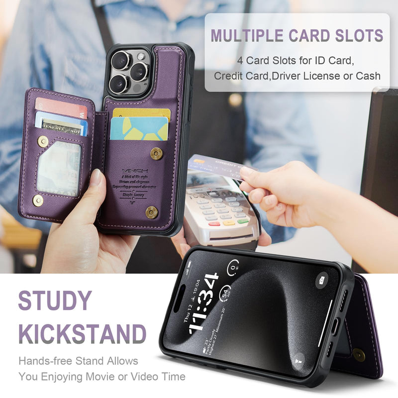 [Australia - AusPower] - for iPhone 15 Pro Max Wallet Case with Card Holder, Case for iPhone 15 Pro Max with RFID Blocking for Women Men, Durable Kickstand Shockproof Phone Case for iPhone 15 Pro Max, Purple iPhone 15 Pro Max - 6.7"-(L) 
