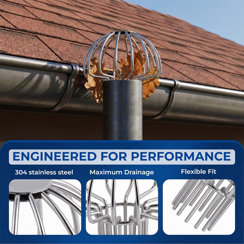 Gutter Downpipe Protection 50 mm, Thickened Downpipe Protection, Stainless Steel Silver Leaf Catcher, Downpipe Metal Downpipe Filter, Leaf Catcher Basket, Gutters, Leaf Protection, Sieve for Roof