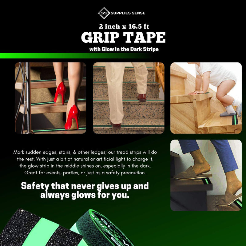 Supplies Sense Anti-Slip Grip Tape Strips 2" x16.5ft, Non-Slip Traction Tape, Weatherproof Safety Adhesive Grip Treads with Glow in The Dark Strip, in/Outdoor Abrasive Tape for Stairs, Non-Skid Steps