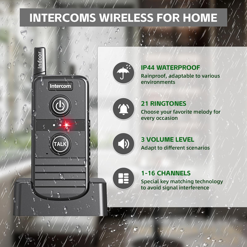 [Australia - AusPower] - Wireless Intercoms System for Home, 4900ft Communication Intercom Range IP44 Waterproof 1-16 Channel for House Business Office Hospital Hotel Factory (2 Packs, Black) Black/2 Indoor unit 