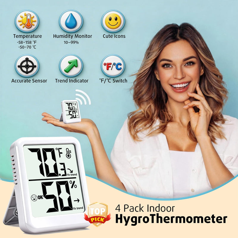 [Australia - AusPower] - 4-Pack Room Thermometer Indoor Hygrometer, Small Digital Temperature and Humidity Monitor Sensor, Temperature Humidity Gauge Meter for Home Baby Room, Plants, Pets - AAA Battery Included White - Upgraded Version 