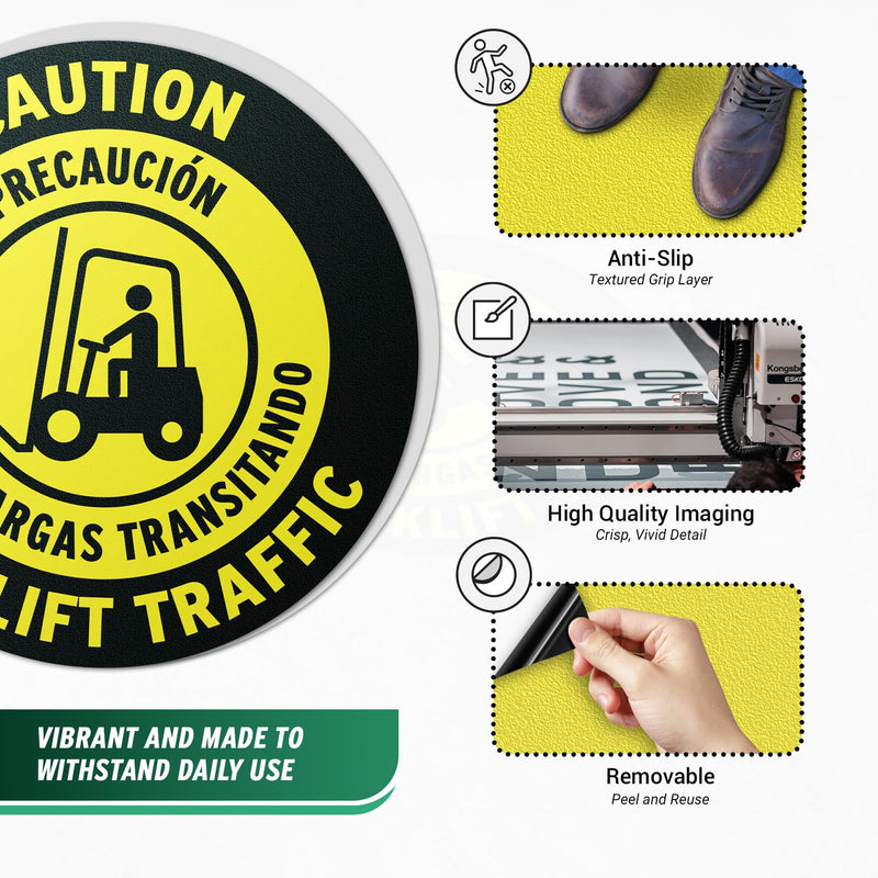 17" x 17" Round Yellow Bilingual Caution Forklift Sign | Round, Yellow Floor Sticker, Work & Warehouses, Construction Sites, Distribution Centers 2 Pack Caution Forklift Traffic (Bilingual)