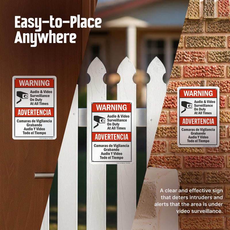 SmartSign "Warning - Audio & Video Surveillance On Duty At All Times" Bilingual Sign | 7" x 10" Aluminum 10" x 7"
