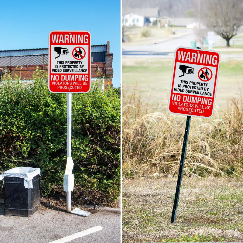 T&R (2 pack) No Dumping, Property Protected By Video Surveillance Sign, 18"x12" Engineer Grade Reflective Sheeting, Rust Free Aluminum, Weather Resistant, Fade Resistant, 2 Pre-drilled Holes Red - 2 Pack