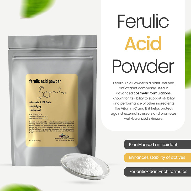 Ferulic Acid Powder Pure 99% Pure Cosmetic Grade Powder Pure Natural, DIY Skincare (4 Oz / 113 Grams), by Talsen Chemicals 4 Ounce (Pack of 1)
