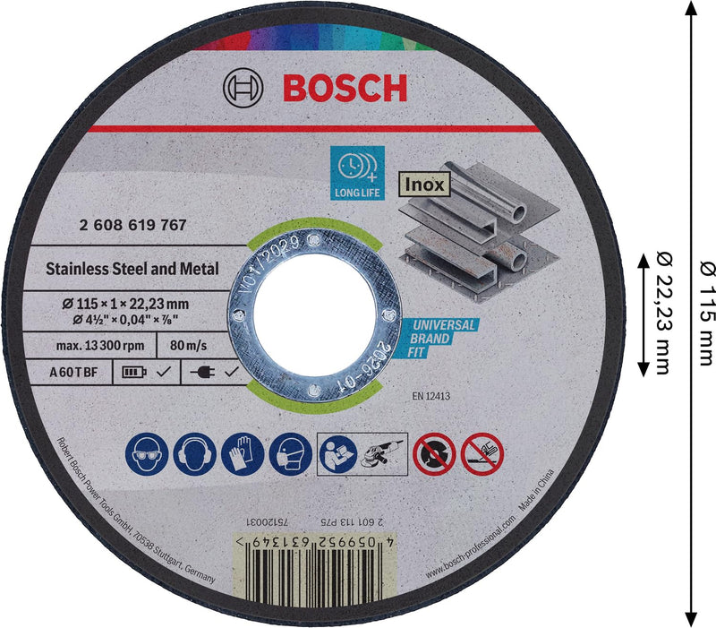 Bosch Professional 1x Standard for Metal Straight Cutting Trennscheibe (für Bleche, Stahl, Ø 115 x 1 x 22,23 mm, Zubehör Winkelschleifer) 1 piece Ø 115 mm