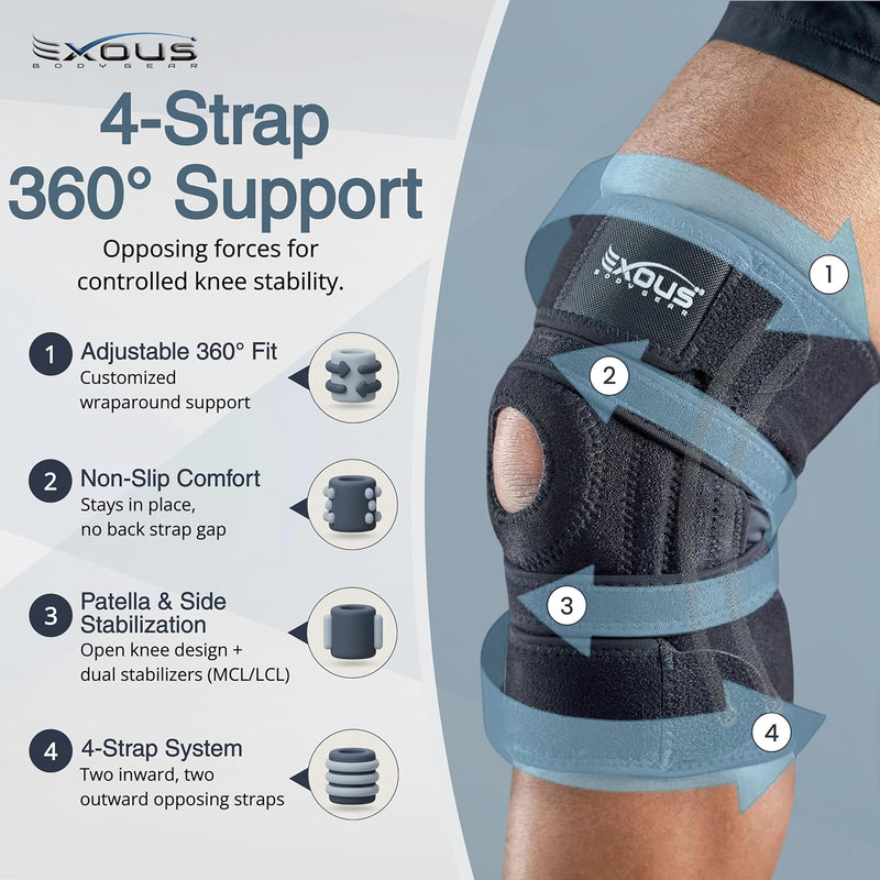 [Australia - AusPower] - Knee Brace Meniscus Tear Support For Arthritis Acl, Mcl Pain Patented 4-way Adjustable NonSlip Wraparound Strap Dual Side Stabilizer For Patella Stability Size [medium] 