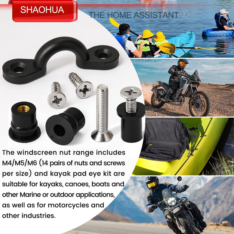 [Australia - AusPower] - 52 Pairs M4 M5 M6 Neoprene Well Nuts and Kayak Pad Eye Kit w/Screw, Kayak Bolts Well Nut Kit for Kayak Motorcycle Boat, Nylon Bungee Deck Loops Tie Down Eye for Securing Elastic Ropes Paddles Nets 