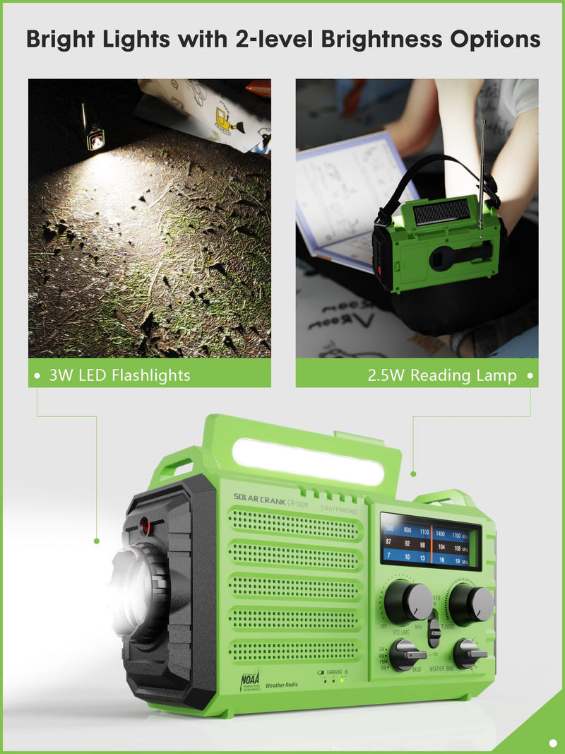 [Australia - AusPower] - Weather Radio Raynic Solar Hand Crank Emergency Radio 5 Ways Powered AM/FM/SW/NOAA Weather Alert Portable Radio with Flashlight, Reading Lamp (Green) Green 