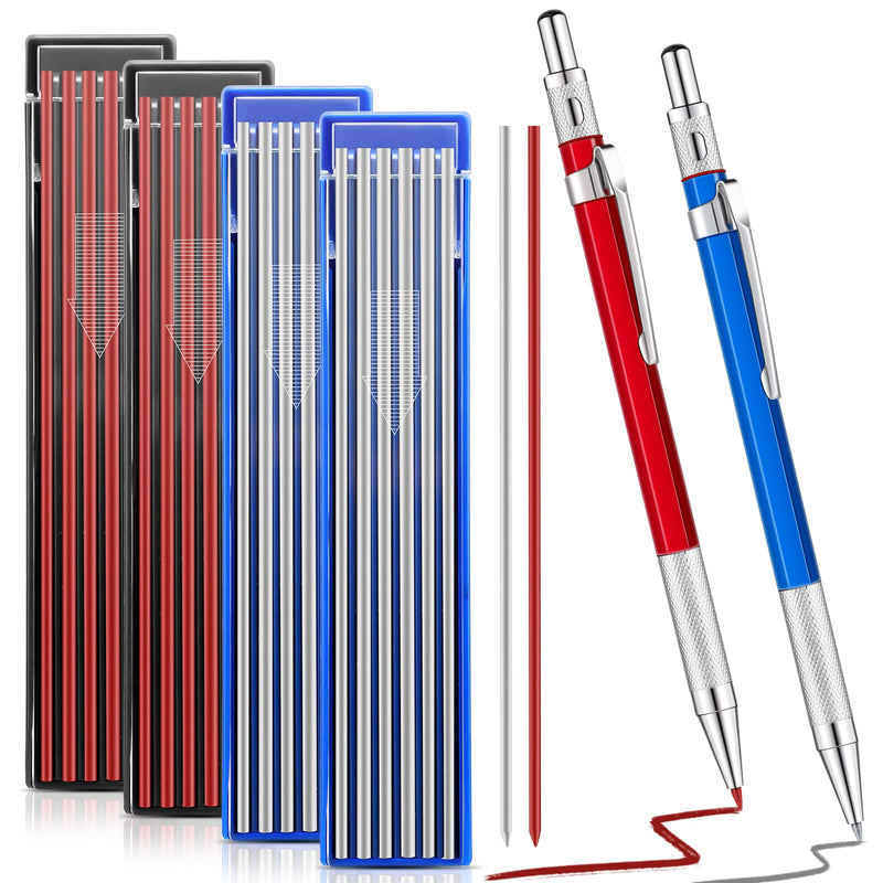 Gersoniel 2 Pcs Welders Pencil with 48 PCS Round Refills Mechanical Pencils Metal Welding Marker for Tube Pipe Fitter Welder Steel Construction Woodworking (Red, Silver) Red, Silver