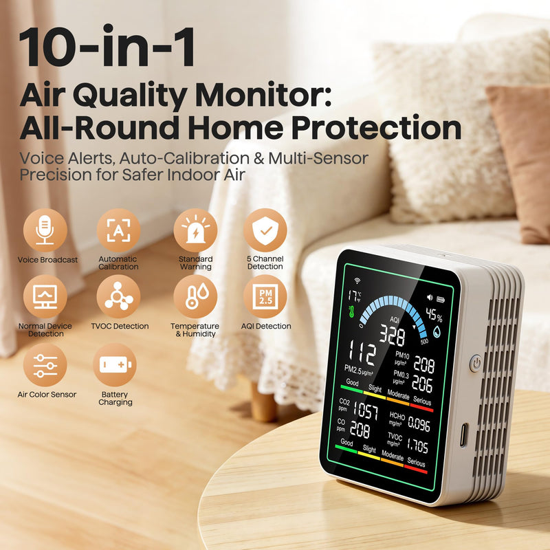 Air Quality Monitor Indoor, 10 in 1 Portable Smartair Quality Tester for CO2 | CO | TVOC | HCHO | Temp | AQI | PM0.3-1 Detection Hum for Home Cars Plants, Pets, Car, Hotel White