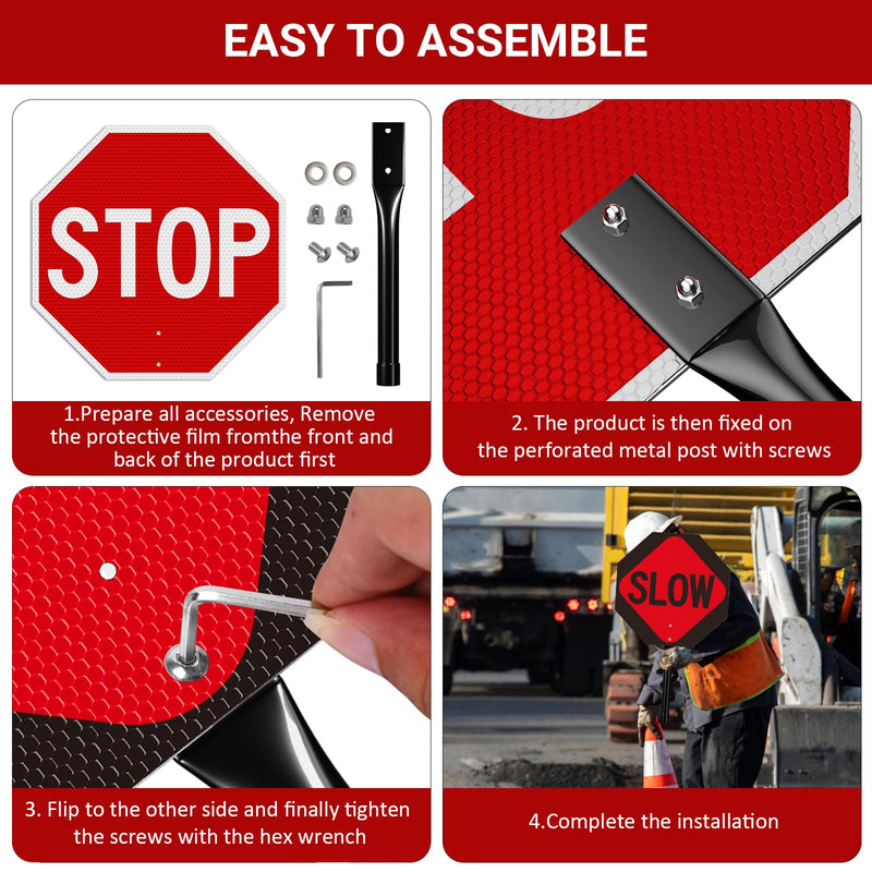 2 Pack Stop Slow Sign with Handle, 13"x13" Double Sided Stop/Slow Traffic Sign, Rust Free Reflective Aluminum, Fade & Weather Resistant, Waterproof, UV Protected, Easy to Mount and Read Red-Stop/Slow with Handle-2Pack