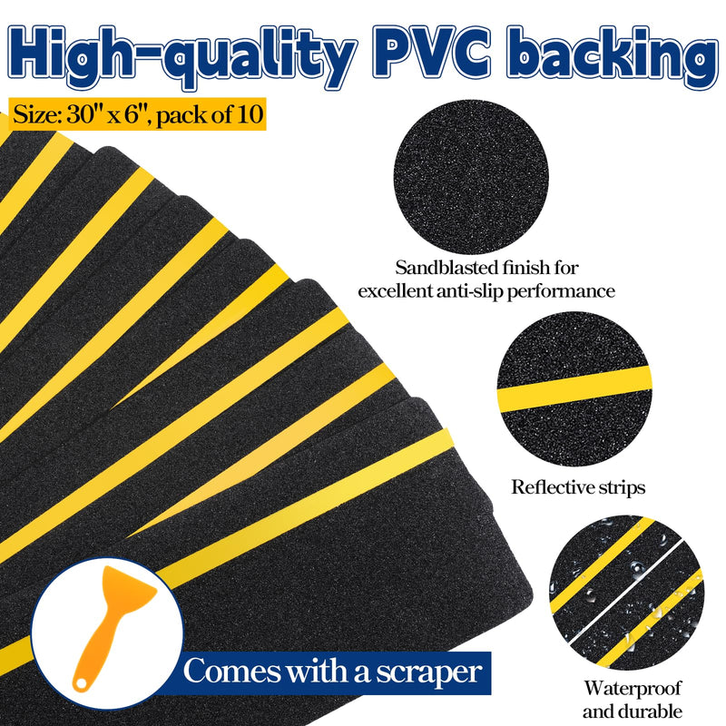 6" x 30" Anti Slip Stair Tread with Reflective Strips, 10 Packs Non Slip Grip Tape with Glow in Dark Stripe, High Friction Deck Grip Tape Strips, Self-Adhesive Outdoor Non Skid Tape for Stairs Step