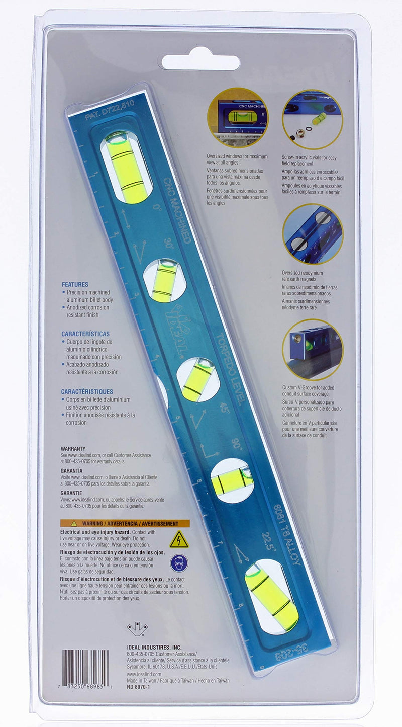 [Australia - AusPower] - IDEAL Electrical 35-208 Electrician Level CNC Machined Aluminum Level with 5 Acrylic Vials, Magnetic Jaw 