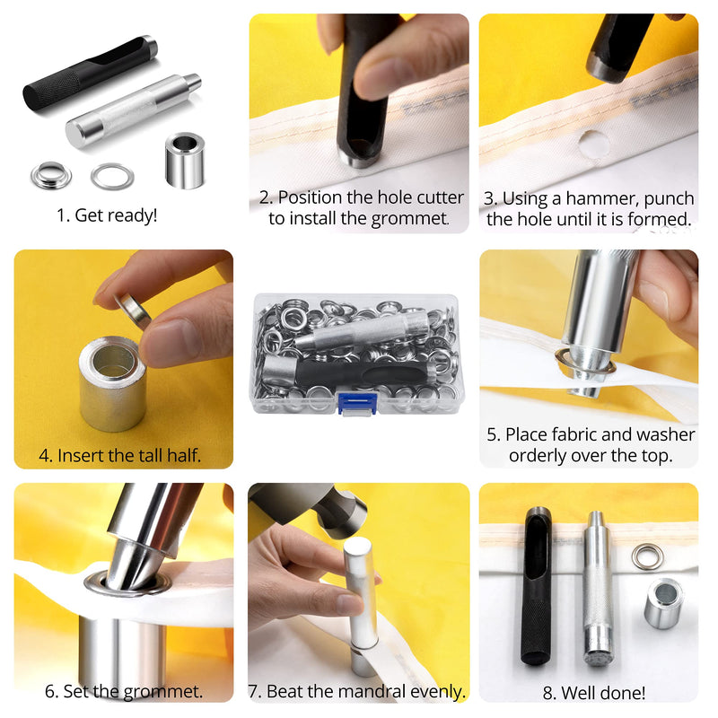 Anley 1/2" Grommet Tools Kit - 100 Sets of Rust Resistant Grommet Refills, Handheld Hole Cutter & Punch Tool - DIY Crafts Self-Piercing Eyelets for Fabric, Leather, Tarp, Curtains & Belts (Silver)