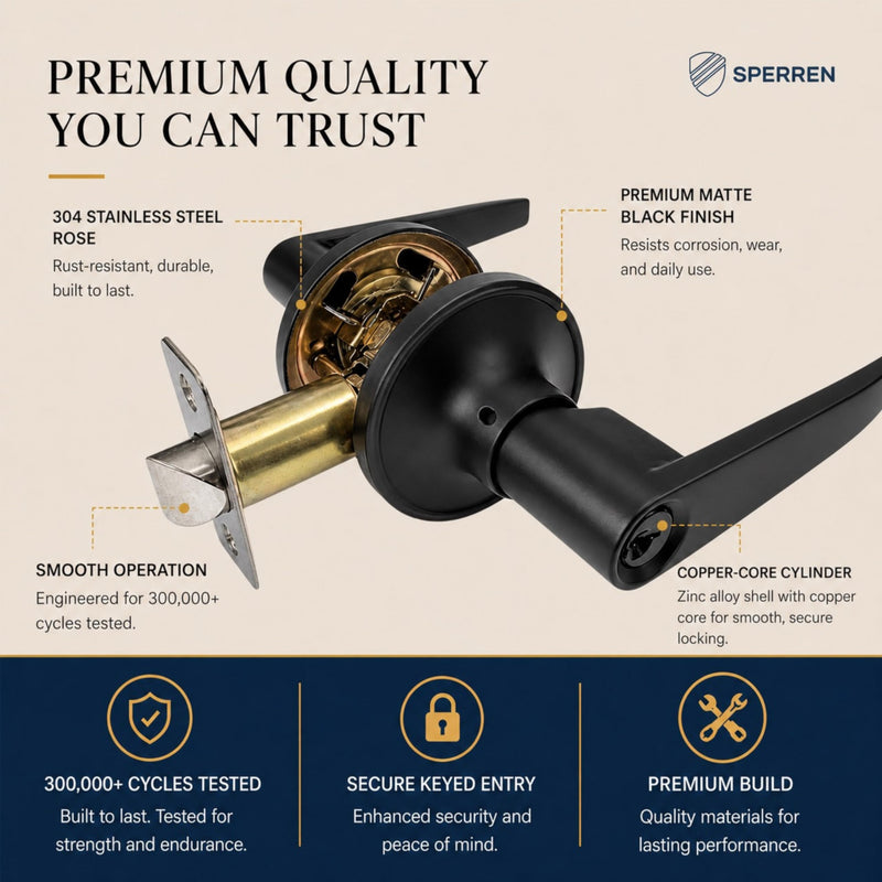 Premium Lever Keyed Entry Door Lock with 3 Keys, Universal Door Knob Hardware, Entrance or Bedroom Version, Matte Black, Zinc Alloy