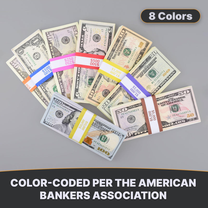 Queensell Pack of 800 Money Bands for Cash, Currency Straps, Money Straps for Bills, Cash Bands, Dollar Bill Wrappers to Organize Cash - Self-Adhesive Money Band, 8 Colors - 100 of Each Denomination Pack of 800 - 100 of Each