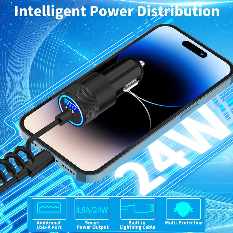 [Australia - AusPower] - 【MFi Certified】iPhone Car Charger Fast Charging, Braveridge 4.8A Dual USB Power Cigarette Lighter Car Charger Adapter with 6FT Lightning Coiled Cable for iPhone 14 13 12 11 Pro/XS/Mini/XR/SE/X/8/iPad Black---Built-in Coiled Cable 