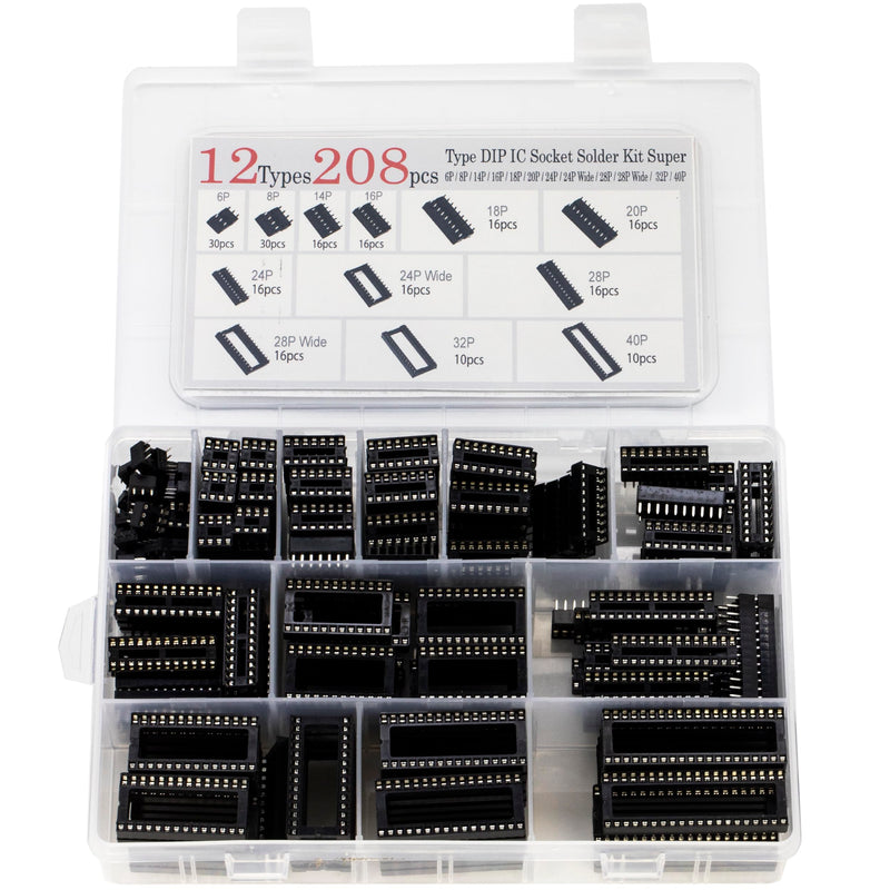 [Australia - AusPower] - 208pcs 12 Values DIP IC Socket Assortment Kit 2.54mm 0.1" Pitch 6 8 14 16 18 20 24 24Wide 28 28Wide 32Wide 40 Pins 
