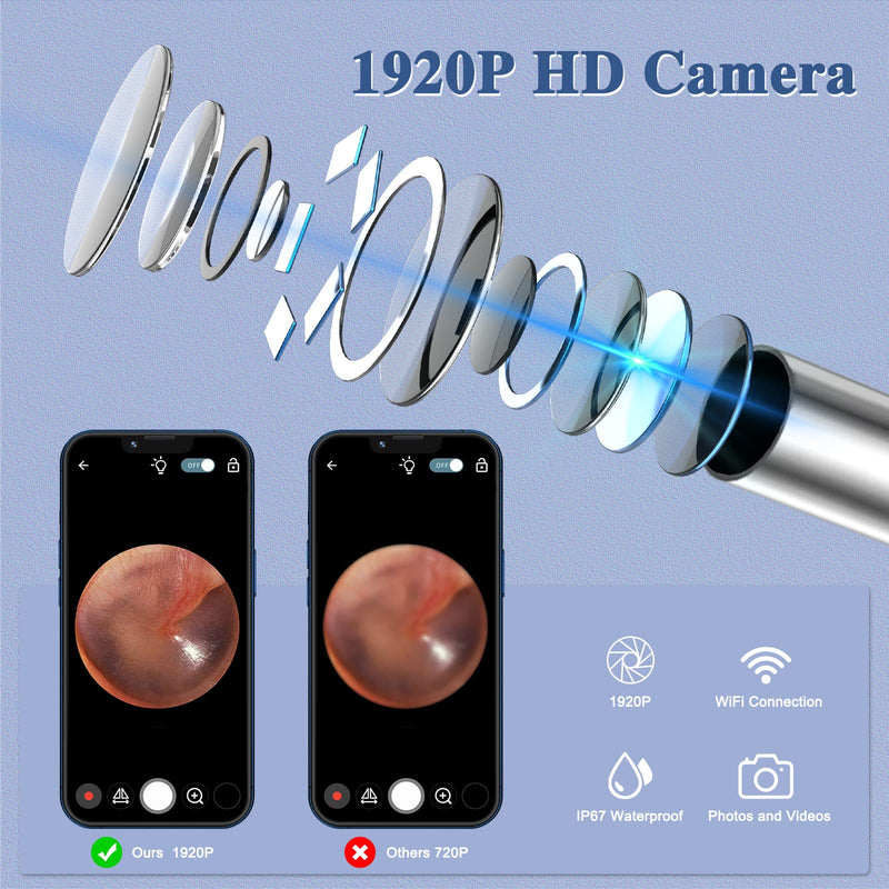 Ear Wax Remover, 1920P Ear Cleaner, 8 Attachments Otoscope | 1920P HD Sensor, 3 Axis Gyroscope, 6 LED Lights, IP67 Waterproof Lens, Compatible with Android smartphones, iPhones and iPads.