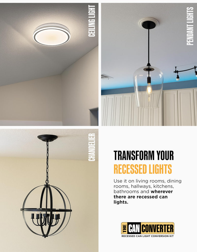 The Can Converter R1 Recessed Can Light Conversion Kit w/ 8¼" Steel Beveled Ceiling Medallion - Home Improvement for 4", 5" & 6" Cans, Fan & Light Fixture Converter Kit, UL Certified, White