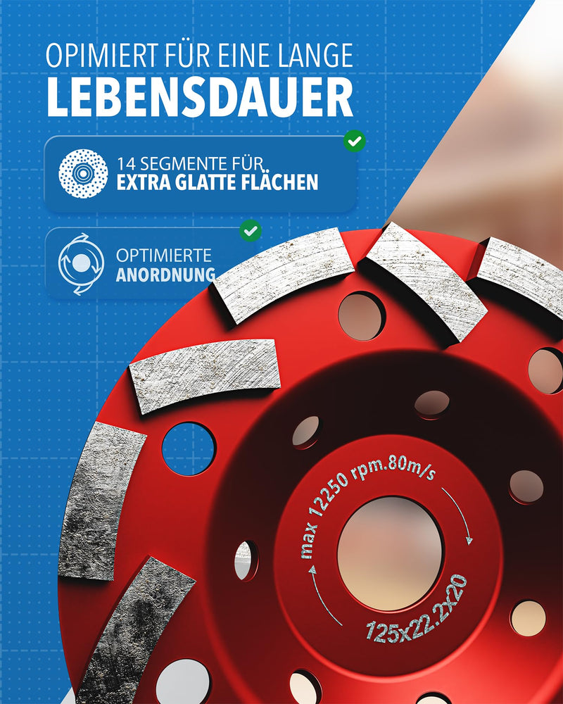[Australia - AusPower] - Concrete Grinder [125 x 22.2 x 20] Concrete Mill, Sanding Disc 125 mm, Screed Grinder - Grinding Disc for Concrete Processing, Diamond Cup Wheel for Extraction, Refurbishment Miller, Cup Wheel Cup wheel rotated 