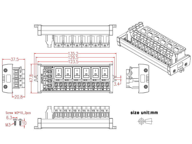 Screw Mount 6 Channel Rocker Switch DC Power Distribution Strip Module Rocker Switch, Screw Mount