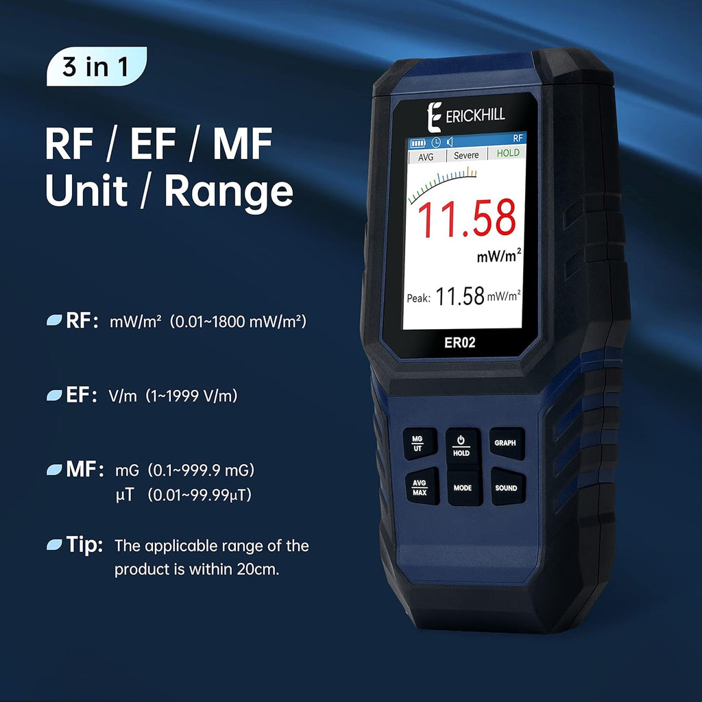 [Australia - AusPower] - Rechargeable (RF) Digital Multi-Fields EMF Meter, Electric, Magnetic, Radio Frequency 3-in-1 Electromagnetic Radiation Tester for Phone, WiFi Router, Cellular Tower and Ghost Hunting 