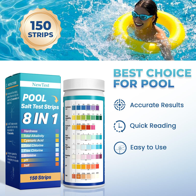 Pool Salt Test Strips: 150CT 8 in 1 Professional Pool Test Strips for Salt Water Pool & Hot Tub & Spa & Swimming Inground Pools - Quick Accurate Results Saltwater Pool Testing Kit 150