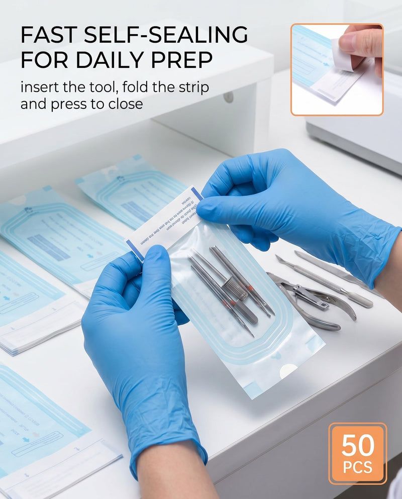 Sterilisation Bags, Pack of 50 (5.7 x 13 cm), Self-Adhesive Autoclave Bags with Seal, Heat Resistant for Dental & Lab, Reliably Prevents Contamination