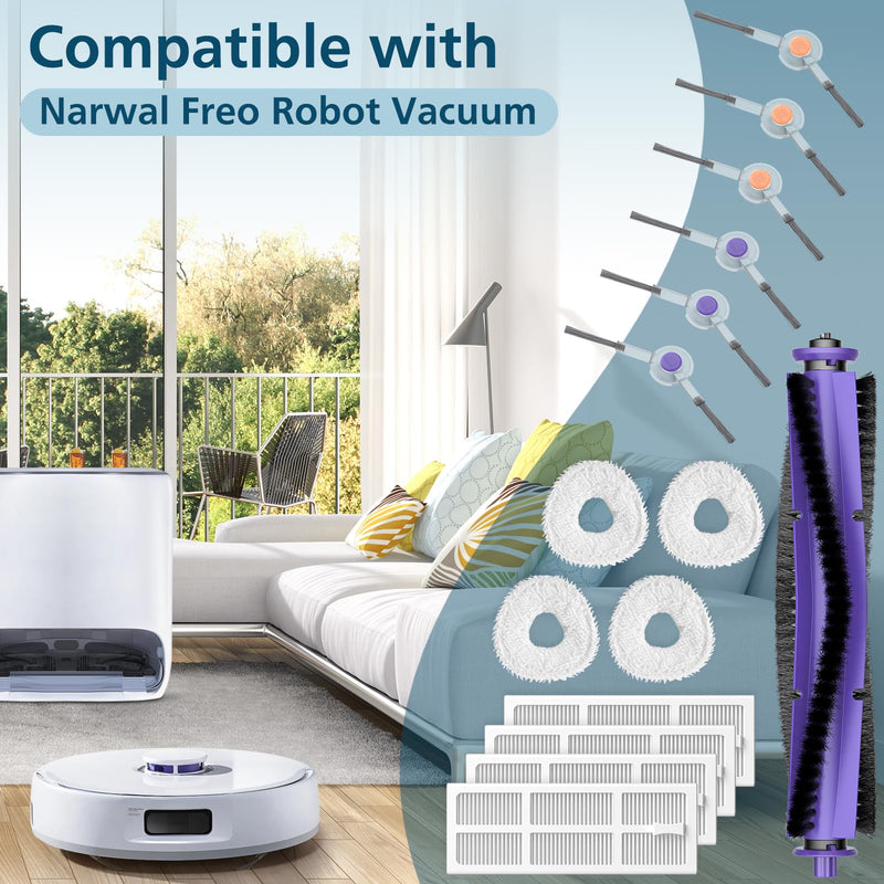 Replacement Parts Accessories Compatible with Narwal Freo Robot Vacuum ONLY, 1 Roller Brush,4 HEPA Filters, 4 Mop Pads, 6 Side Brushes, NOT for Freo Z10/Z10 Ultra/Z Ultra/X Ultra Freo Parts