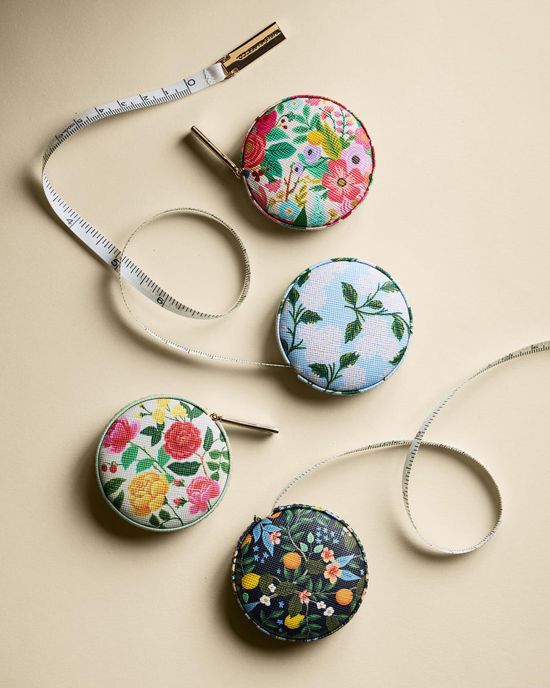 RIFLE PAPER CO. Measuring Tape | Retractable Measures up to 60" (152.4 CM), Retractable, Hidden Button Release, Brass Hardware (Perfect for Mom, Home, Office, On-The-Go, Desk), Hydrangea