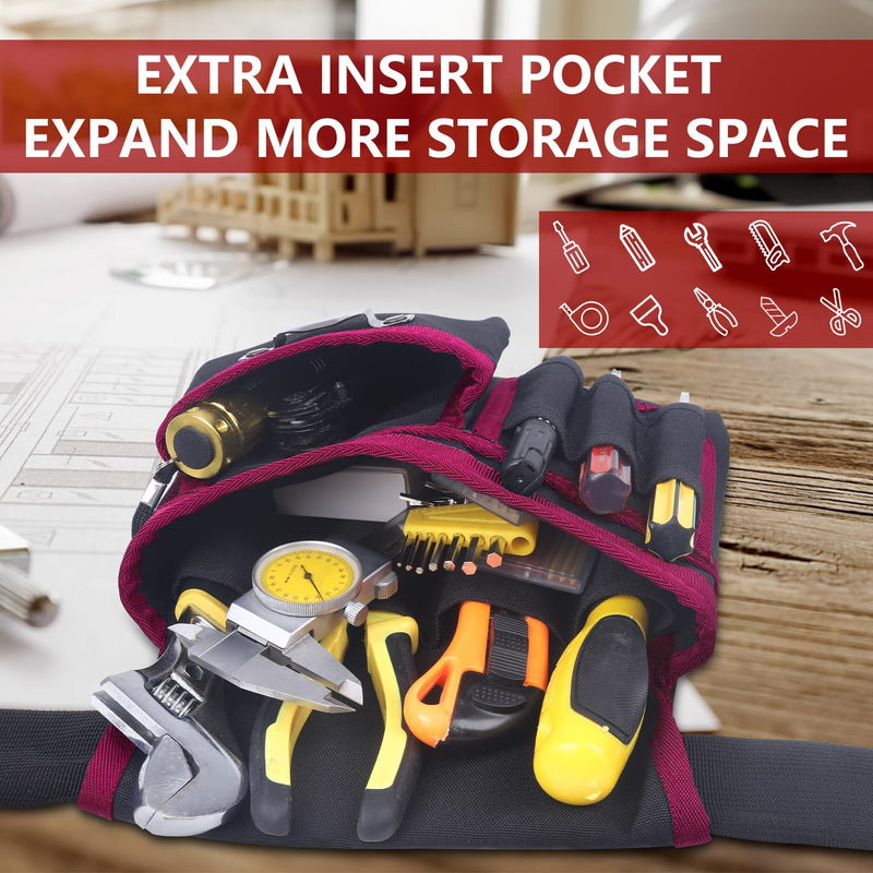 Tool Belt With Suspenders, 24 Pockets Tool Bag with Magnetic Wristband, Detachable Tool Pouch Bag, Adjustable Waists for Men Electrician Carpenter Construction (Red) TBS01-Red