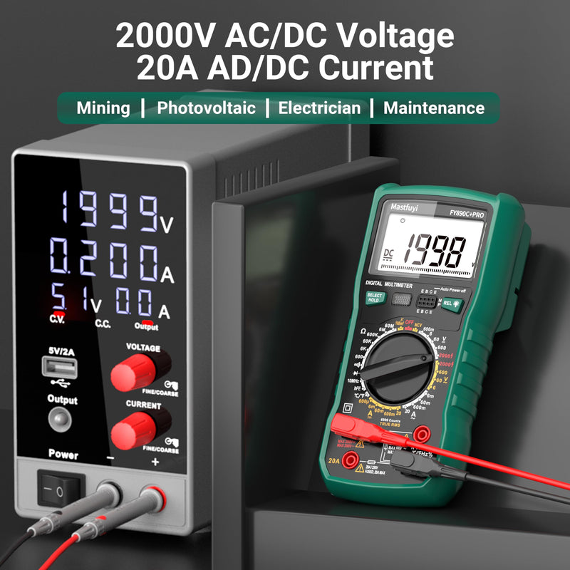 [Australia - AusPower] - Digital Multimeter, Solar Multimeter, Automotive Multimeter 2000V AC/DC Voltage, 20A AC/DC Current, Non-Contact Voltage Tester TRMS 6000 Smart Burnout-Proof Electrical Tester 