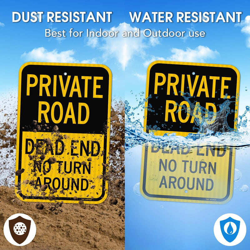 T&R (2 pack) Private Road Sign, Dead End Sign No Turn Around, 18" x 12" Engineer Grade Reflective Sheeting, Rust Free Aluminum, Weather Resistant, Waterproof, Fade Resistant, 2 Pre-drilled Holes Black & Yellow - 2 pack