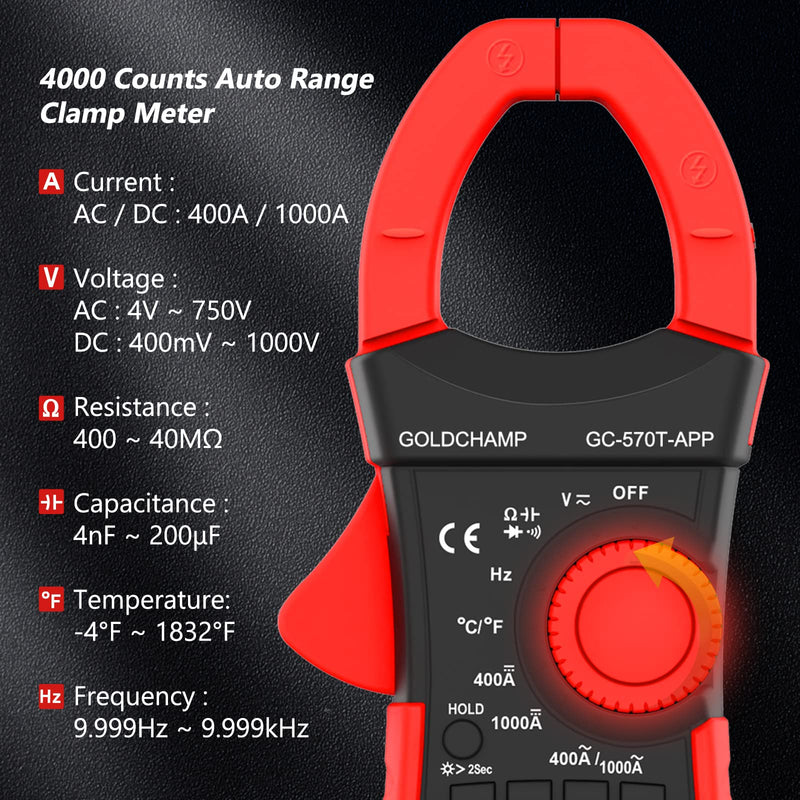 [Australia - AusPower] - Digital Clamp Meter Multimeter 4000 Counts Amp Voltage Tester with APP, Capacitance, Voltage, Resistance, True RMS AC Current, Diode Test, Audible Continuity, Temperature, Non-Contact Multimeter - Red 