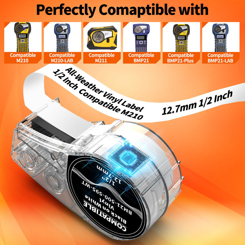 5X Replace for M21-500-595-WT All-Weather Vinyl Label 1/2'' White Compatible with BMP21-PLUS/LAB M210-LAB M211 M210 Labels 1/2 Inch High Adhesion, for Indoor/Outdoor ID, Lab & Equipment, .5'' W 21' L 5 1/2 inch (12.7mm)