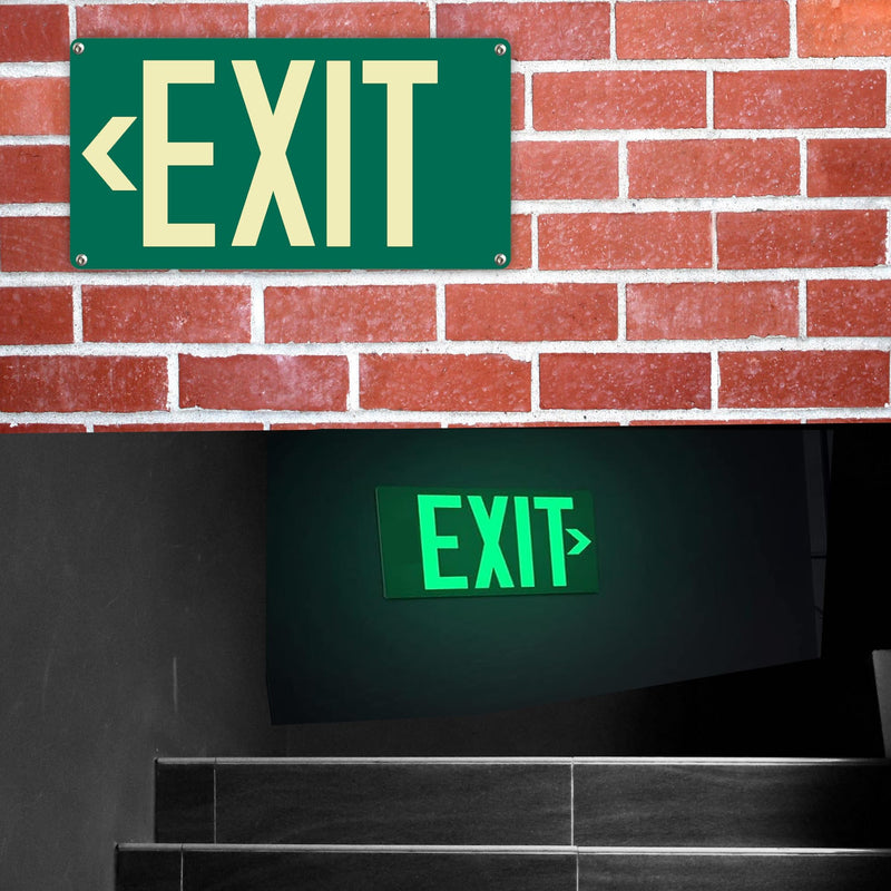 (2Pack) Photoluminescent Exit Sign, Glow In The Dark Aluminum Exit Sign Green - Adhesive Backing - 4pcs Removable Arrows Included - 14.25 x 7.5 Inches - Non Electrical Exit For 50 Feet Visibility Green - Exit