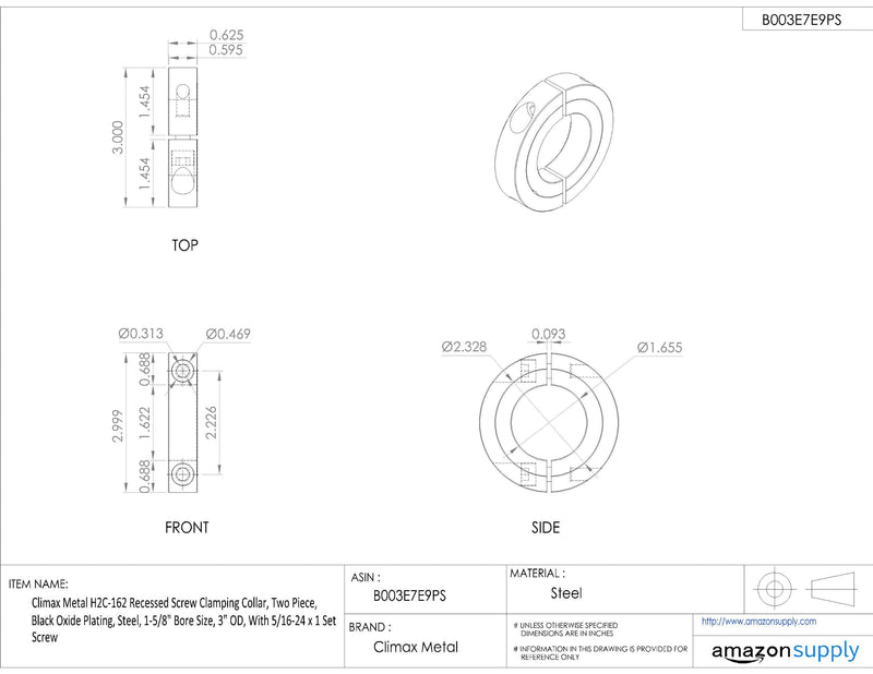 [Australia - AusPower] - H2C-162 Black Oxide Plated Steel Recessed Screw Clamping Collar, Two Piece, 1-5/8" Bore Size, 3" Outside Diameter, 5/16"-24 x 1" Set Screw 