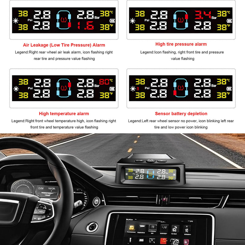 Tire Pressure Monitoring System, Vehicle Tire Pressure Monitor with Solar Charger & 4 External Sensors, Real-Time LCD Display TPMS w/6 Alarm Modes for Car Truck RV