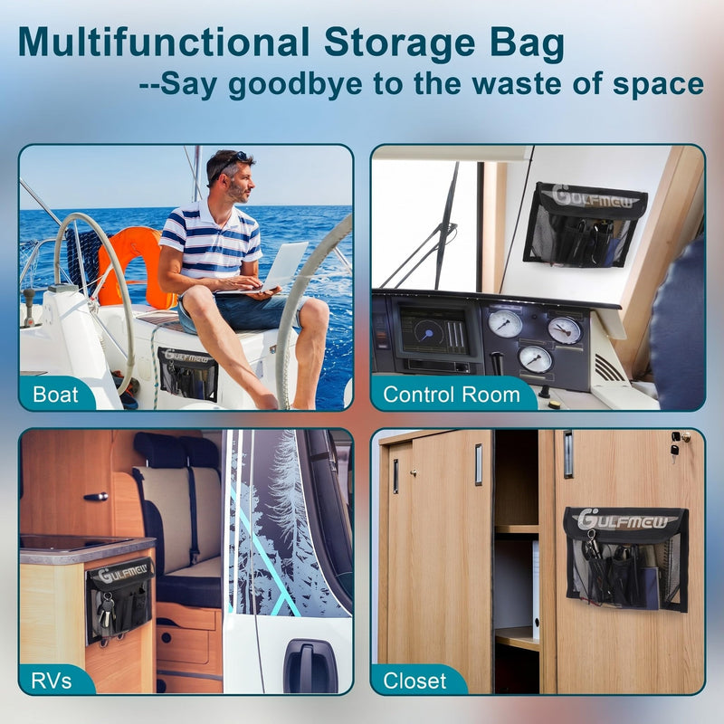 14" X 9.8" Boat Storage Bag with Secure Lid and 2 Open Pockets, Boat Storage Accessories Mesh Organizer with Strong Adhesive, Perfect for Storing Phones, Glasses, Keys and Tackle Marine Accessories
