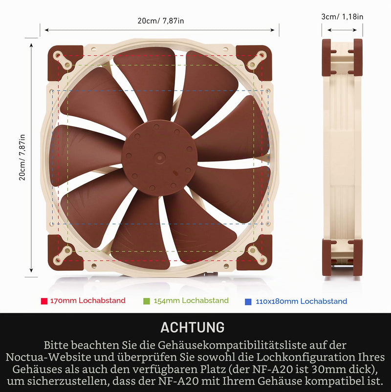 Noctua NF-A20 PWM, 4-Pin Premium Quiet Fan, 200mm, Brown | High air flow, low noise, 30 mm fan, for PC & electronics cooling, large accessory set, 800RPM 4-pin PWM