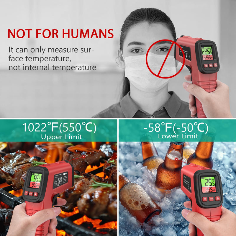 [Australia - AusPower] - ORIA Digital Infrared Thermometer, Surface Thermometer for Cooking, -58℉ to 1022℉ Non Contact Temperature Gun with Backlight, Max/Min, Adjustable Emissivity, for Griddle Pizza Oven BBQ, Not for Human 